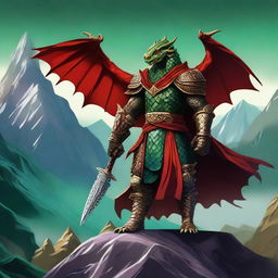 A majestic Dragonborn character from Dungeons and Dragons, with one side of its body covered in green scales and the other side in gold scales, wearing a flowing red cloak