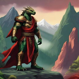 A majestic Dragonborn character from Dungeons and Dragons, with one side of its body covered in green scales and the other side in gold scales, wearing a flowing red cloak