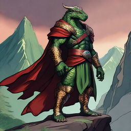 A majestic Dragonborn character from Dungeons and Dragons, with one side of its body covered in green scales and the other side in gold scales, wearing a flowing red cloak