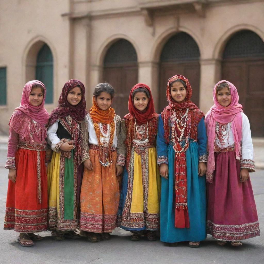 A group of Yemeni girls, all wearing colorful traditional Yemeni outfits, gathered in the streets of Sanaa, the historic buildings providing a rich backdrop