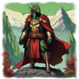 A majestic Dragonborn character from Dungeons and Dragons, with one side of its body covered in green scales and the other side in gold scales, wearing a flowing red cloak