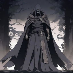 A menacing anime villain standing in a dark, ominous setting