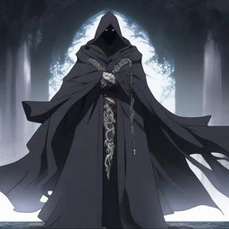 A menacing anime villain standing in a dark, ominous setting