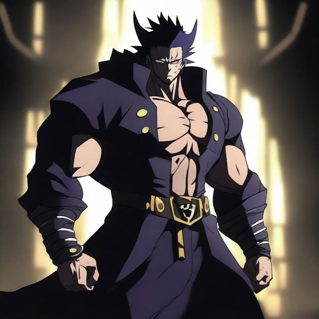 A powerful anime villain standing in a dark, foreboding setting