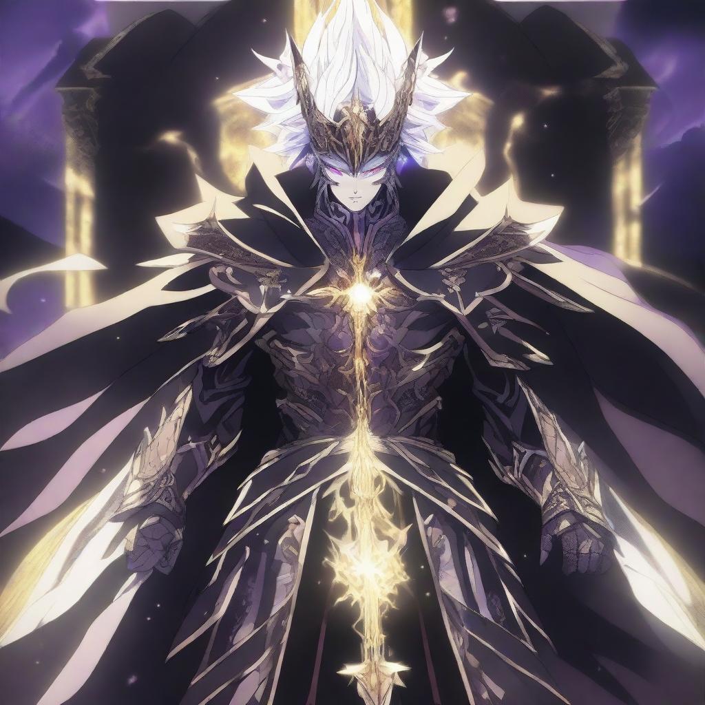 An anime god villain standing in a celestial, awe-inspiring setting