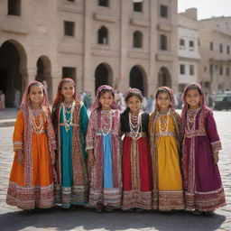 A group of Yemeni girls, all wearing colorful traditional Yemeni outfits, gathered in the streets of Sanaa, the historic buildings providing a rich backdrop