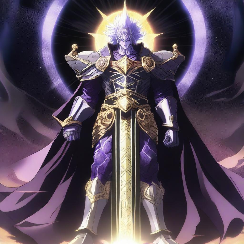 An anime god villain standing in a celestial, awe-inspiring setting