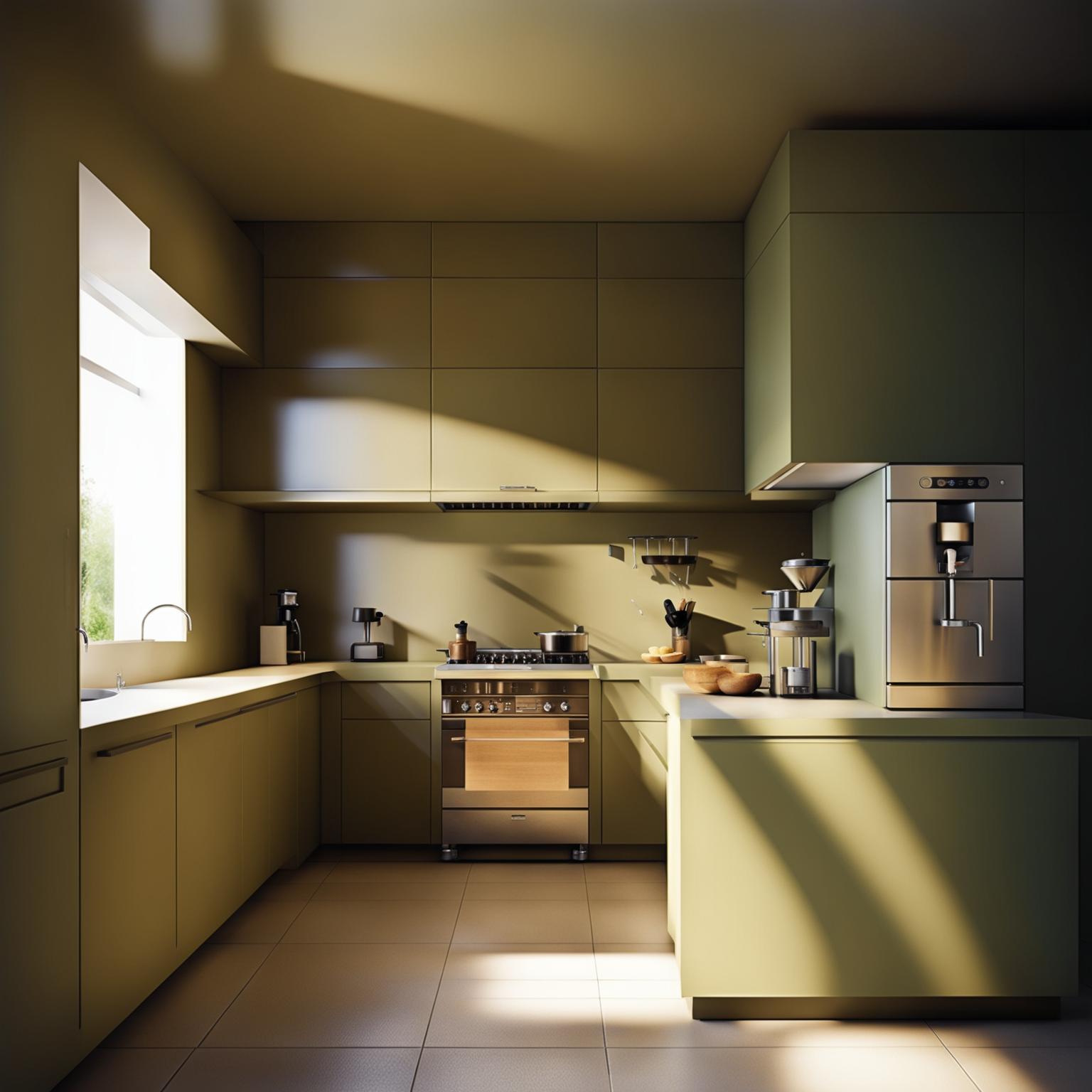 A digital image of an elegant, minimalist kitchen with sleek design