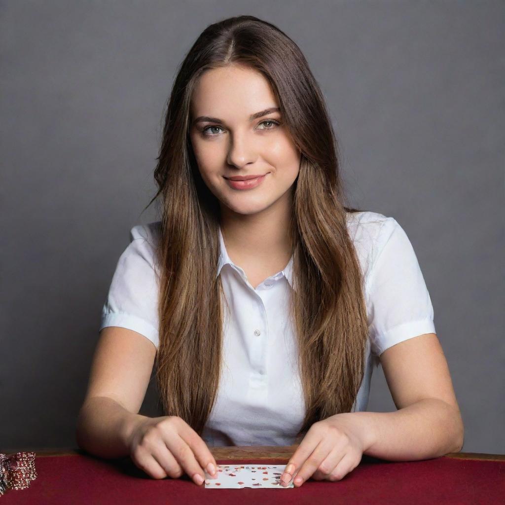 A confident girl, holding a deck of playing cards in one hand, and a shiny casino coin in the other, ready to make her next move.