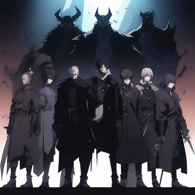 A group of anime villains standing together in a dark, foreboding setting