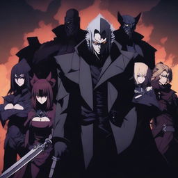 A group of anime villains standing together in a dark, foreboding setting