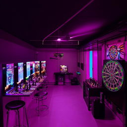 A 200m2 apartment converted into a comprehensive gaming center, consisting of 20 PlayStation consoles, 30 computers, 6 darts boards, a room for chess, and a 20m2 balcony equipped with high tables.