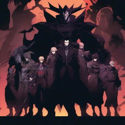 A group of anime villains standing together in a dark, foreboding setting