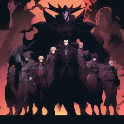 A group of anime villains standing together in a dark, foreboding setting