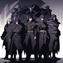 A group of anime villains standing together in a dark, foreboding setting