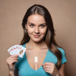 A confident girl, holding a deck of playing cards in one hand, and a shiny casino coin in the other, ready to make her next move.