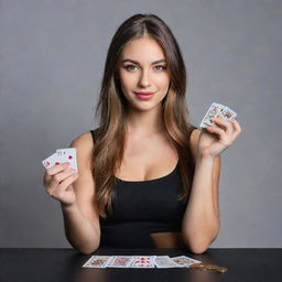 A confident girl, holding a deck of playing cards in one hand, and a shiny casino coin in the other, ready to make her next move.