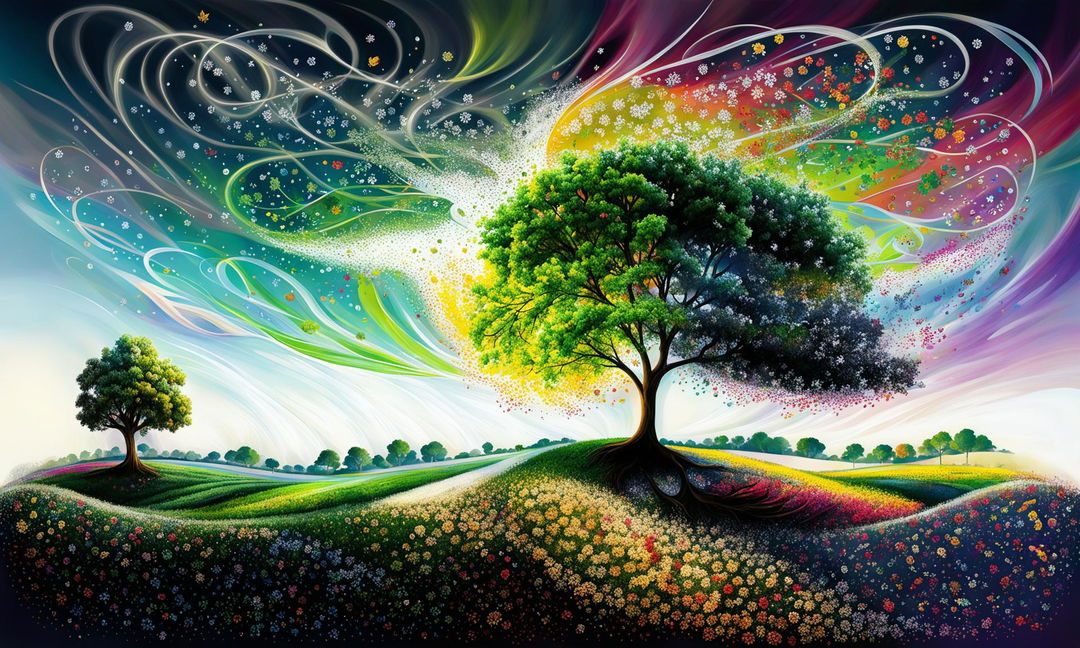 Digital art of a landscape transitioning through seasons, stirred by winds of change visualized as glowing ribbons. A solitary tree stands in the center, its branches reflecting the seasonal changes.