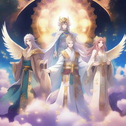 A group of anime-style gods, each exuding a divine and powerful aura