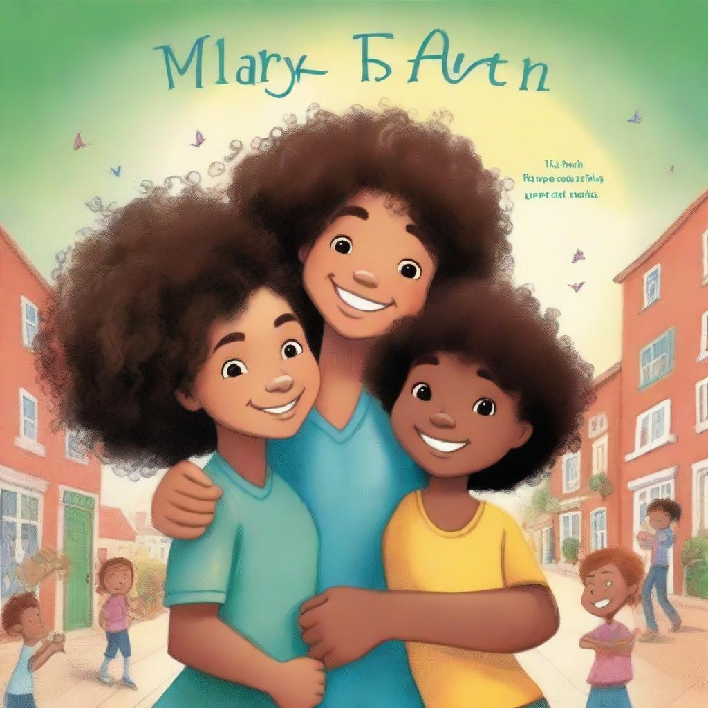 A mixed-race girl with curly hair hugging her black twin boy cousins