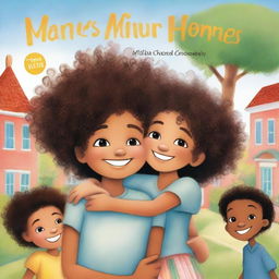 A mixed-race girl with curly hair hugging her black twin boy cousins