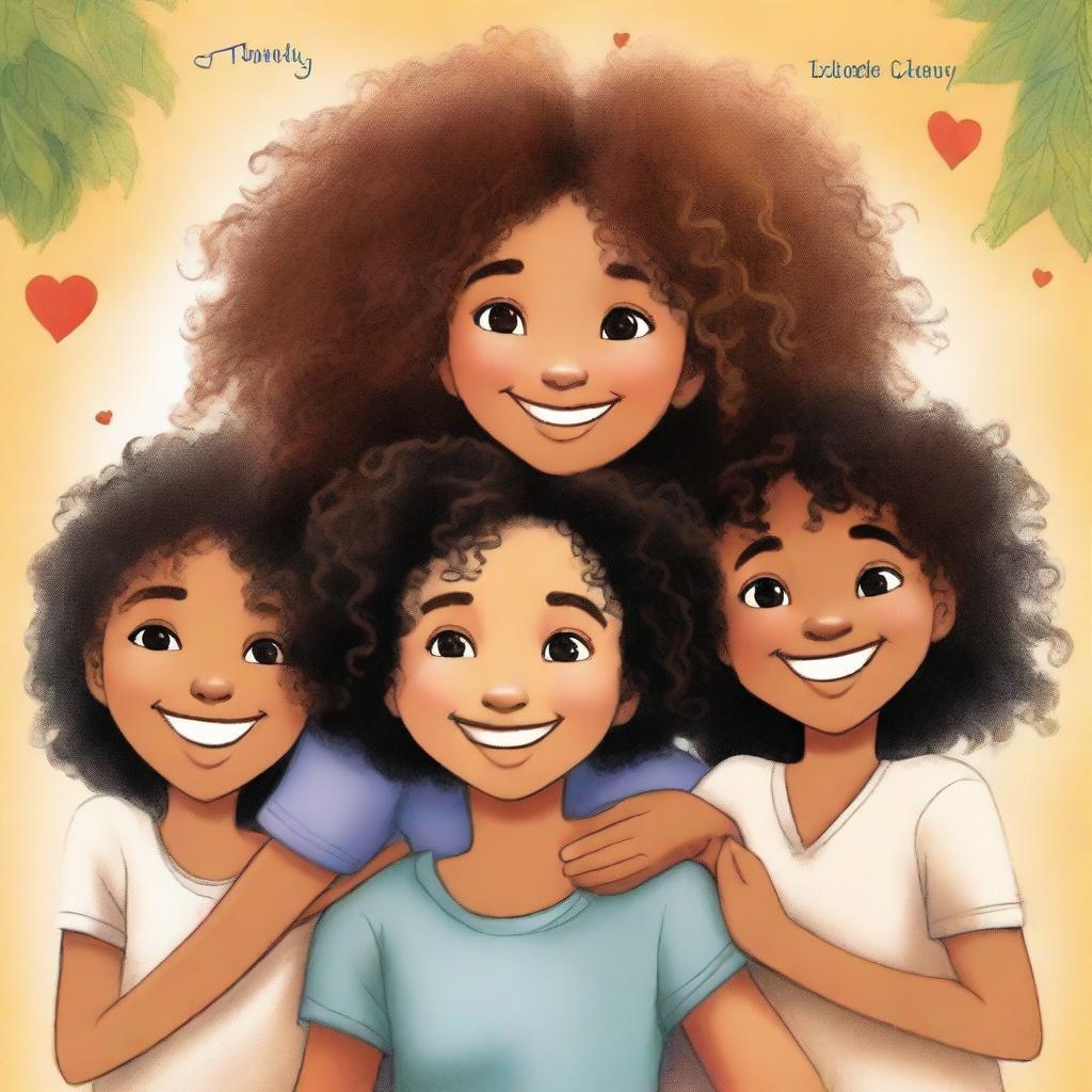 A book page illustration featuring a mixed-race girl with curly hair hugging her black twin boy cousins