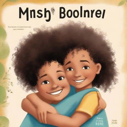 A book page illustration featuring a mixed-race girl with curly hair hugging her black twin boy cousins