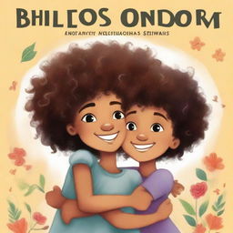 A book page illustration featuring a mixed-race girl with curly hair hugging her black twin boy cousins