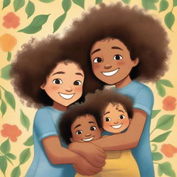 A book page illustration featuring a mixed-race girl with curly hair hugging her black twin boy cousins