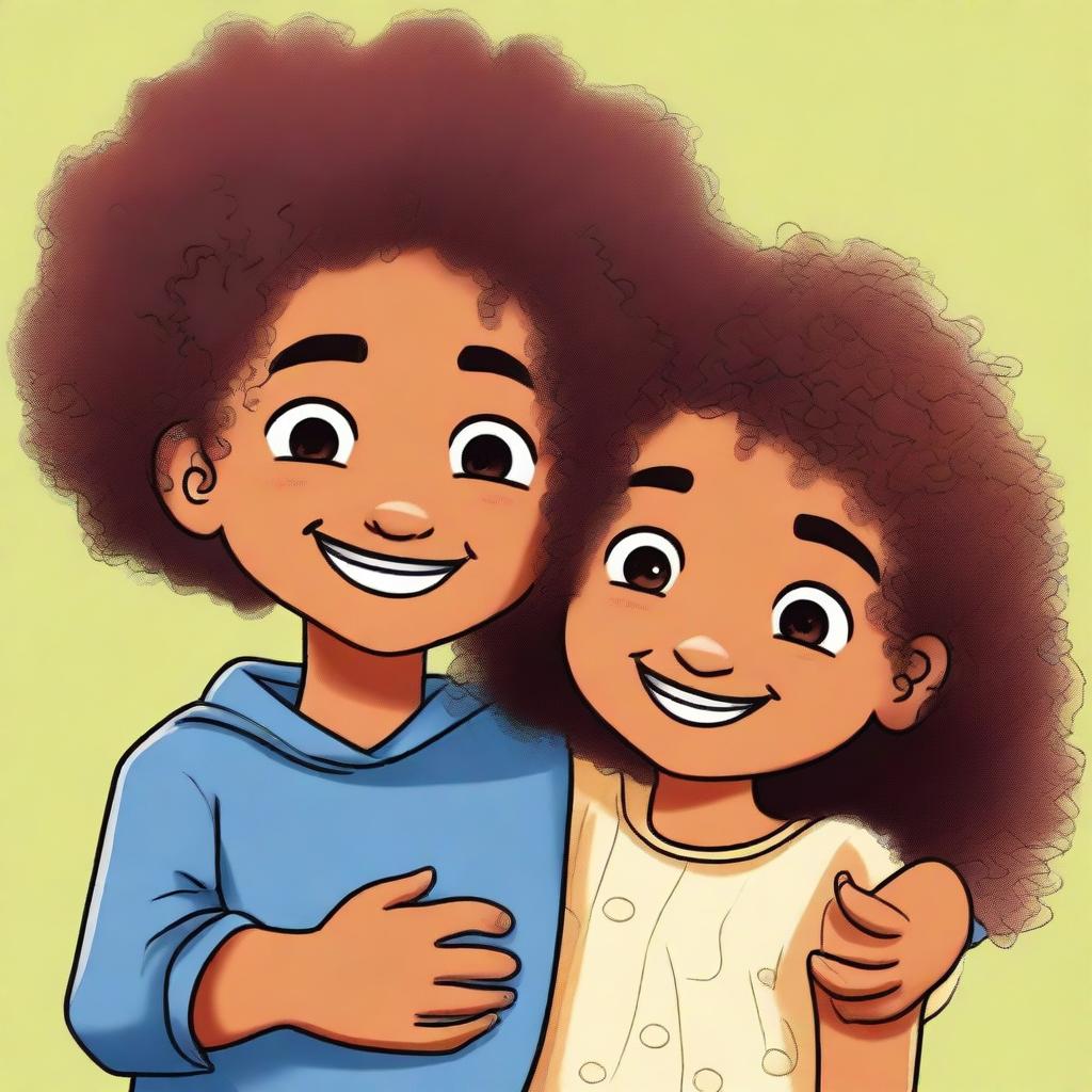 A mixed-race girl with curly hair hugging her black twin boy cousins