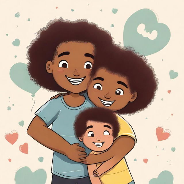 A mixed-race girl with curly hair hugging her black twin boy cousins