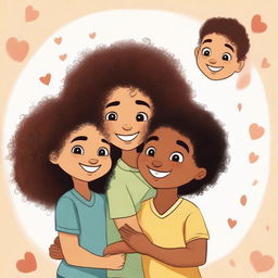 A mixed-race girl with curly hair hugging her black twin boy cousins