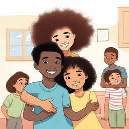 A mixed-race girl with curly hair hugging her black twin boy cousins