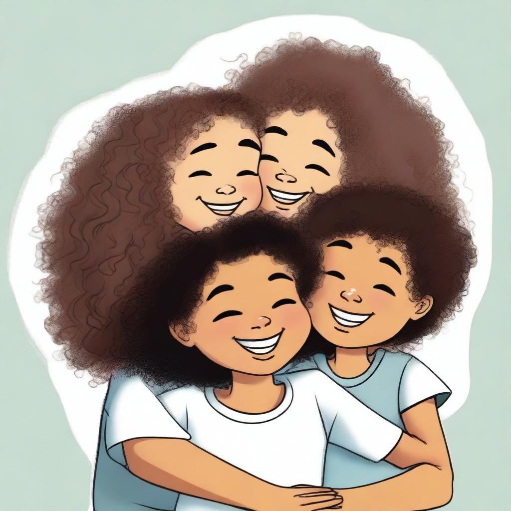 A mixed-race girl with curly hair hugging her black twin boy cousins, all with their eyes closed