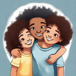 A mixed-race girl with curly hair hugging her black twin boy cousins, all with their eyes closed