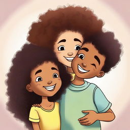 A mixed-race girl with curly hair hugging her black twin boy cousins, all with their eyes closed