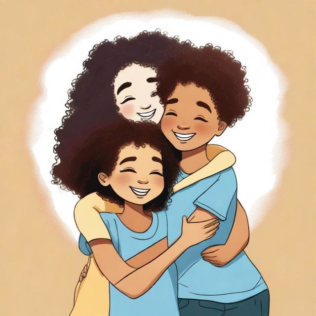 A mixed-race girl with curly hair hugging her black twin boy cousins, all with their eyes closed