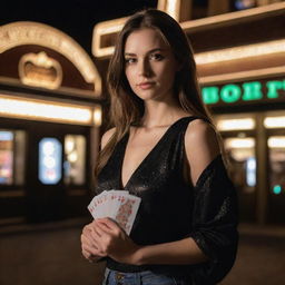 The same confident girl, with a deck of playing cards and a shiny casino coin, now standing in front of an bustling casino house, the lights illuminating her figure.