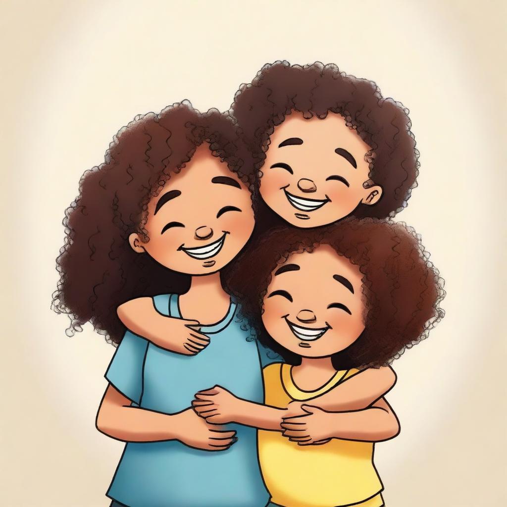 A mixed-race girl with curly hair hugging her black twin boy cousins, all with their eyes closed