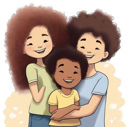 A mixed-race girl with curly hair hugging her black twin boy cousins, all with their eyes closed