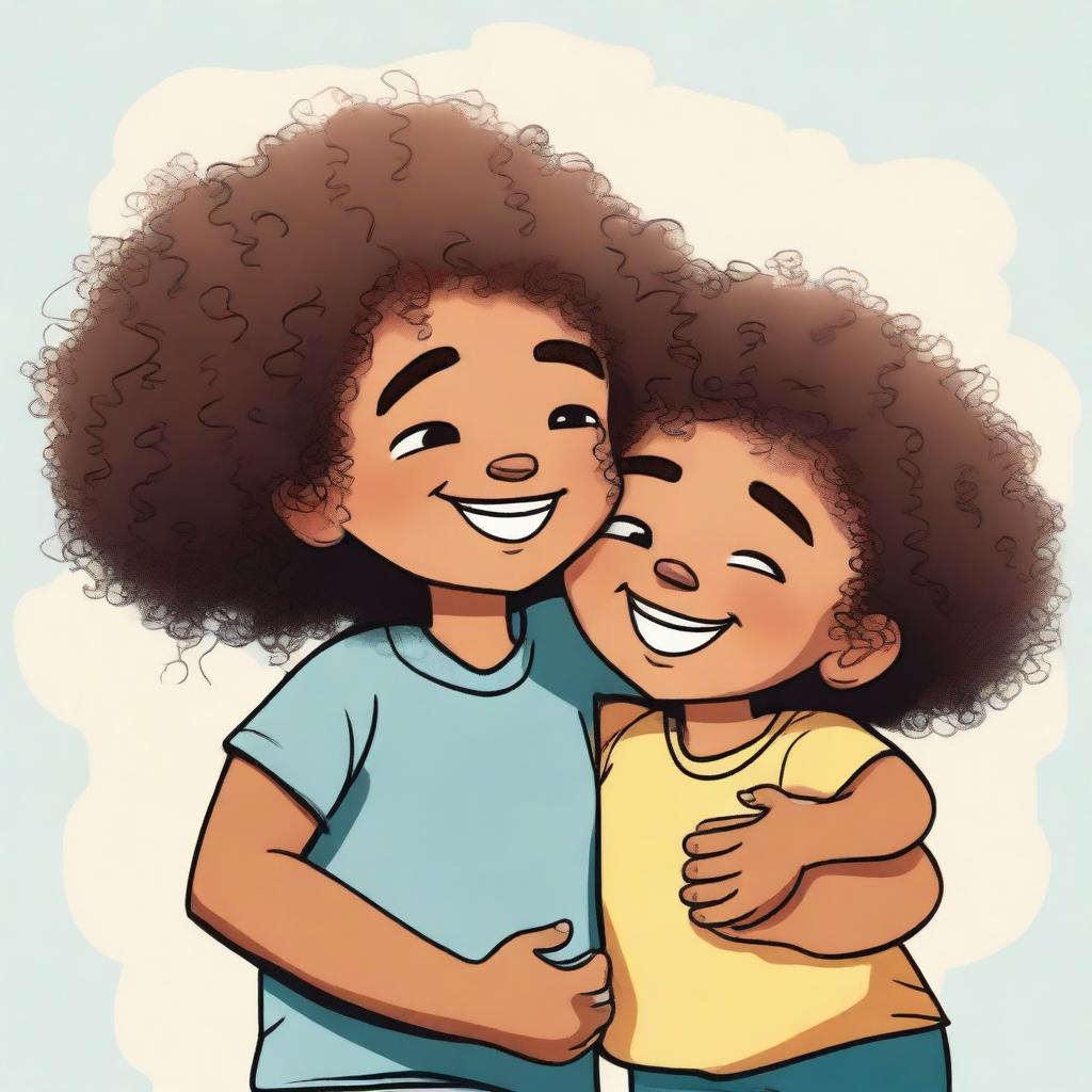 A mixed-race girl with curly hair hugging her black twin boy cousins, all with their eyes closed