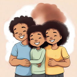 A mixed-race girl with curly hair hugging her black twin boy cousins, all with their eyes closed