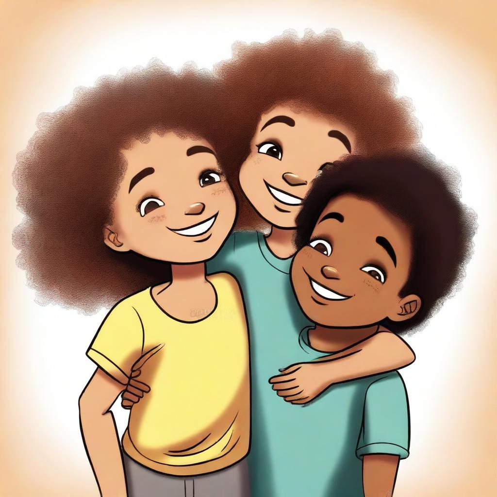 A mixed-race girl with curly hair hugging her black twin boy cousins, all with their eyes closed