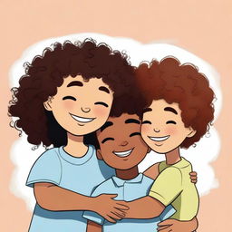 A mixed-race girl with curly hair hugging her black twin boy cousins, all with their eyes closed