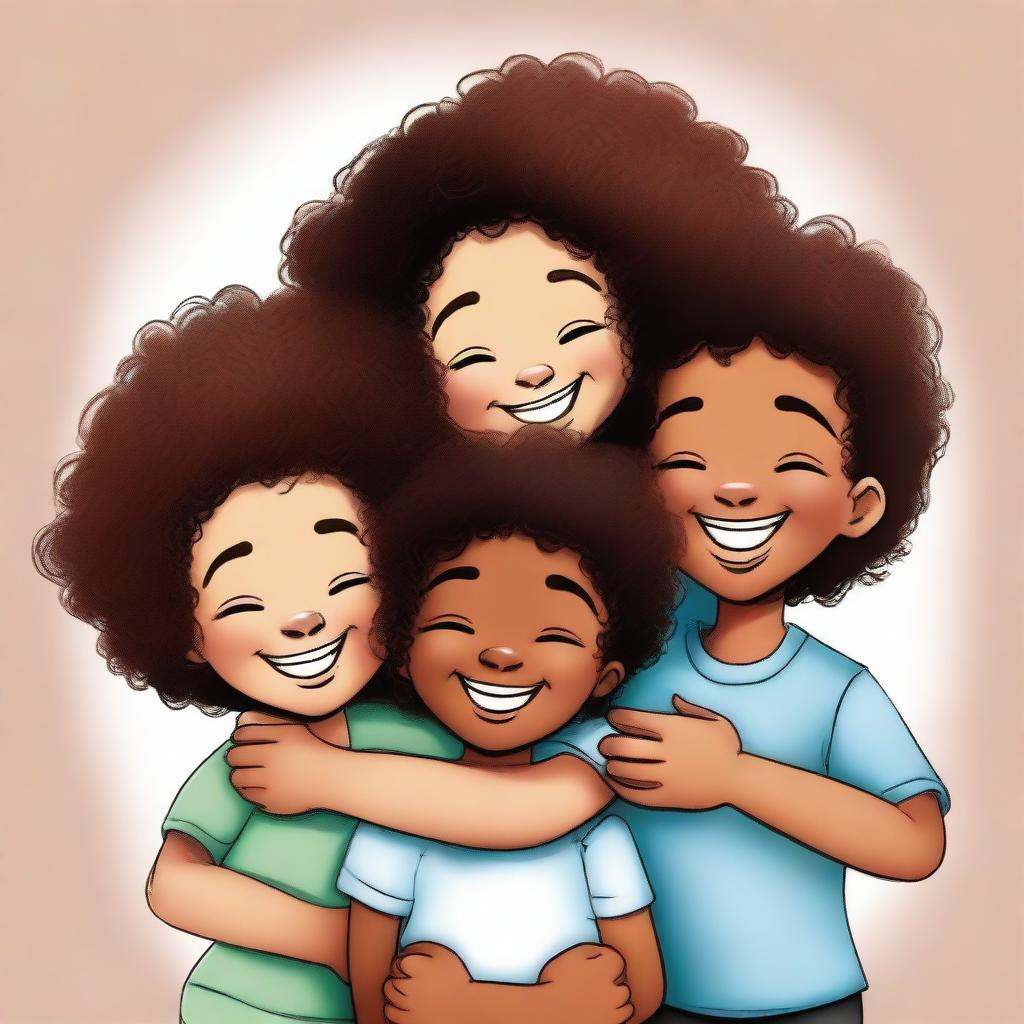 A mixed-race girl with curly hair hugging her black twin boy cousins, all with their eyes closed