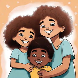 A mixed-race girl with curly hair hugging her black twin boy cousins, all with their eyes closed