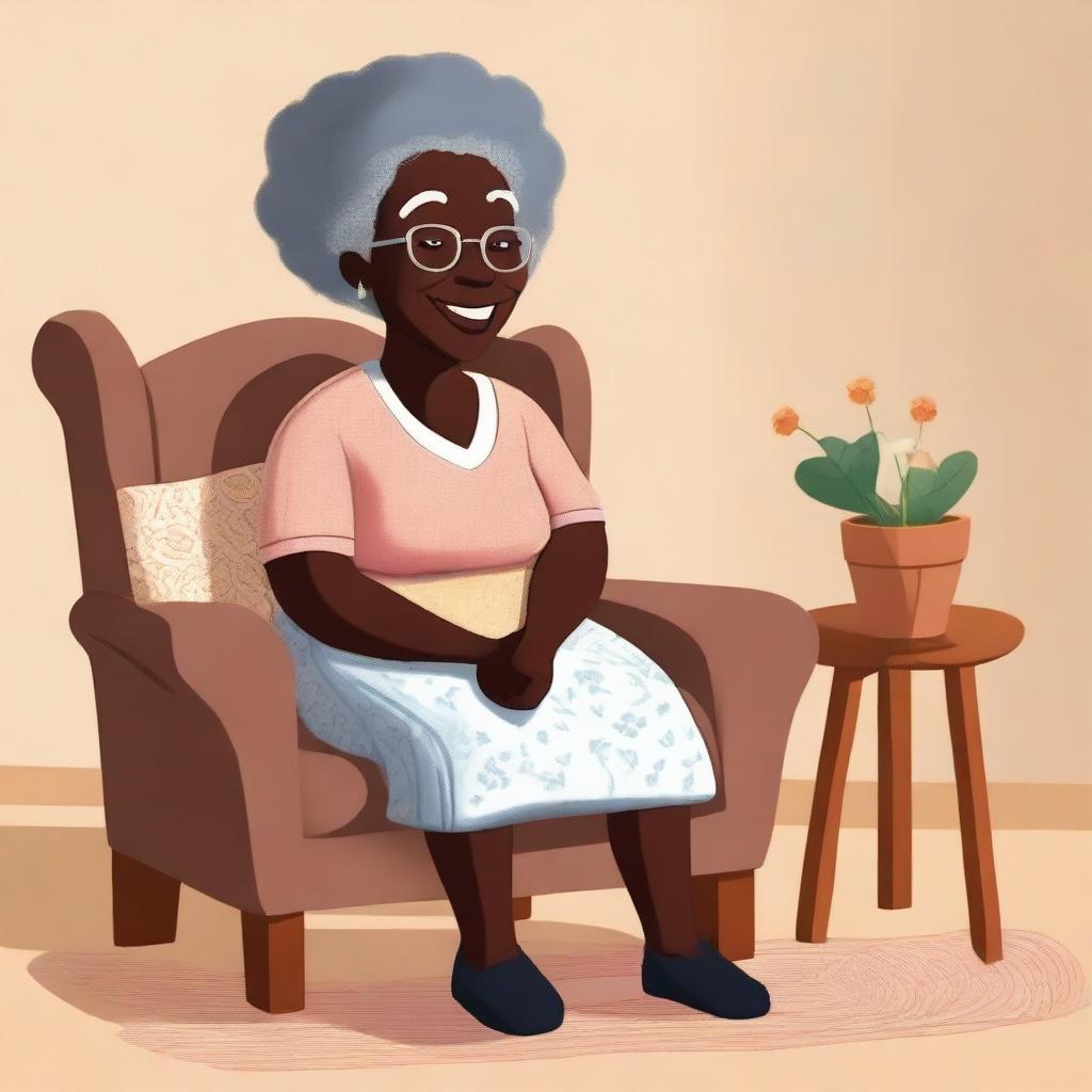 A black grandmother sitting on a chair, illustrated in a children's style