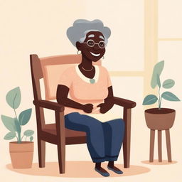 A black grandmother sitting on a chair, illustrated in a children's style