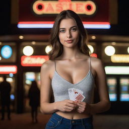 The same confident girl, with a deck of playing cards and a shiny casino coin, now standing in front of an bustling casino house, the lights illuminating her figure.