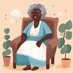 A black grandmother sitting on a chair, illustrated in a children's style